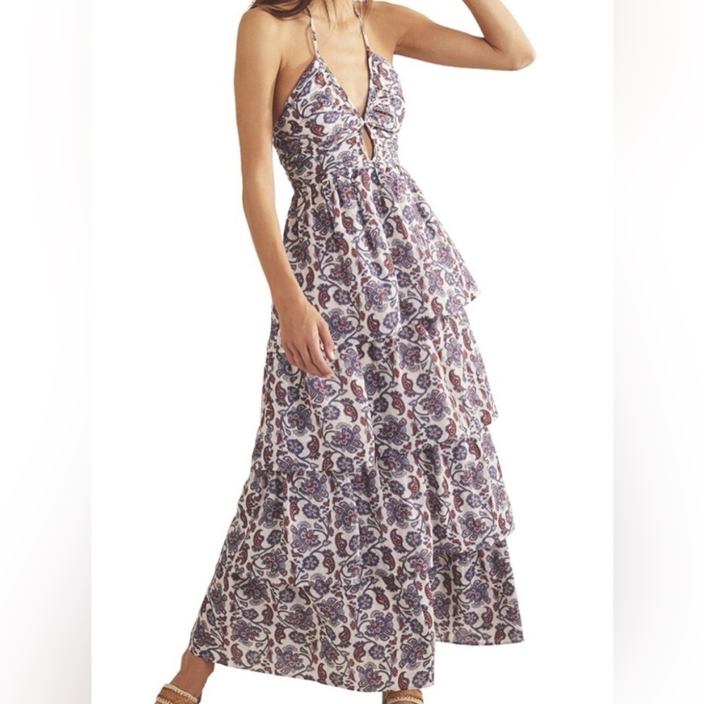 NWT Boden Ruched Halter Paisley Ruffle tiered maxi dress summer vacation cotton